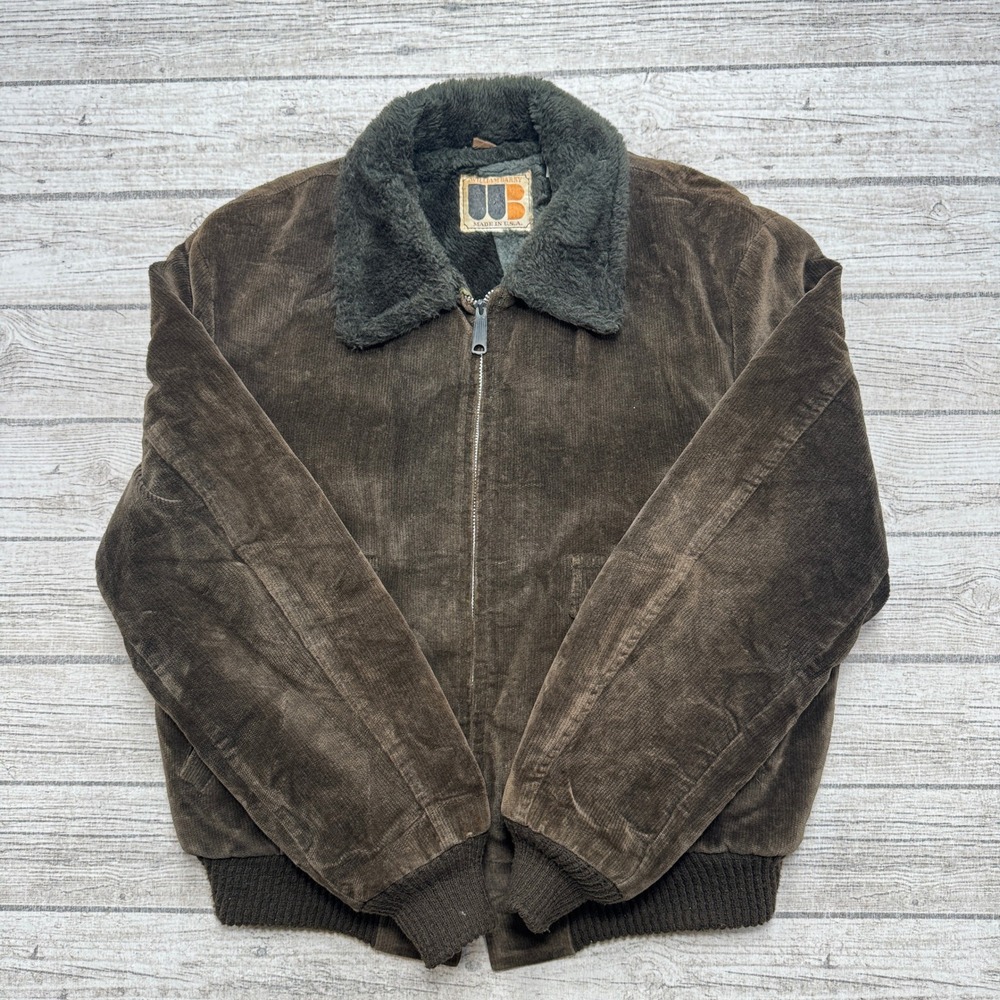 Vintage William Barry Bomber Jacket Men's XL Brown Corduroy Faux Fur Collar USA